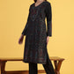 W for Woman Black Yarn Dyed Sequins A-Line Kurta & Straight pant with Dupatta Set