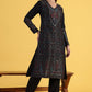 W for Woman Black Yarn Dyed Sequins A-Line Kurta & Straight pant with Dupatta Set