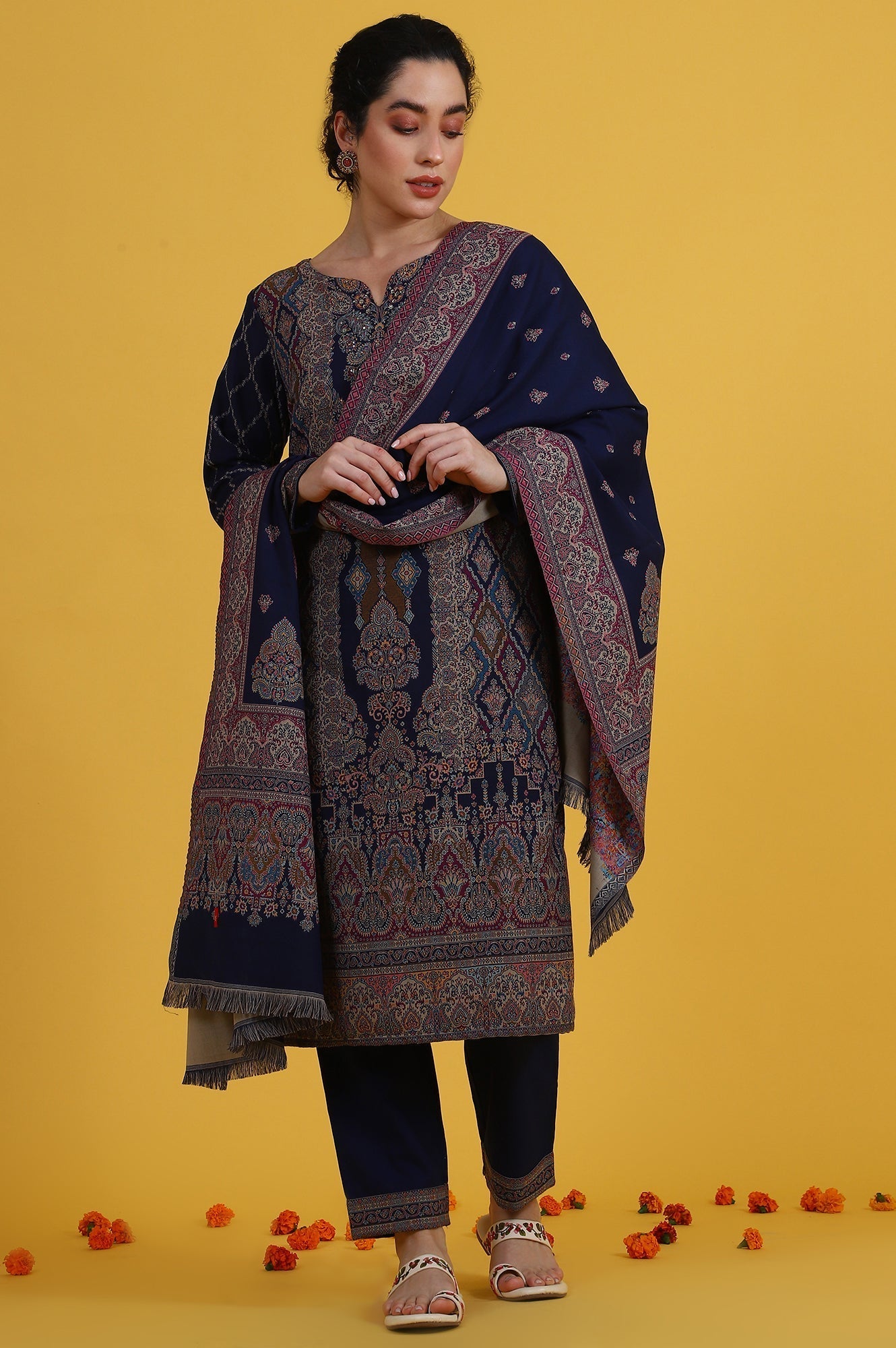 W for Woman Blue Yarn Dyed Sequins Straight Kurta & Straight pant with Dupatta Set