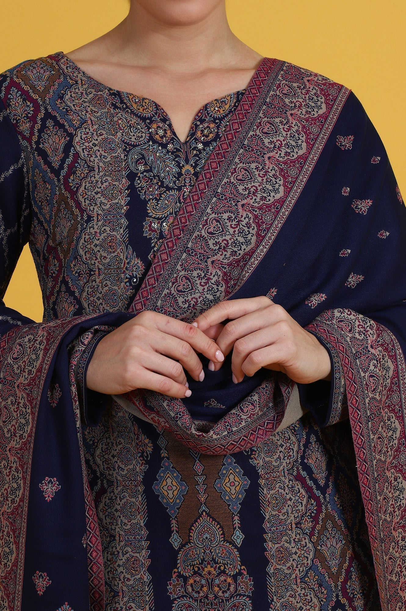 W for Woman Blue Yarn Dyed Sequins Straight Kurta & Straight pant with Dupatta Set