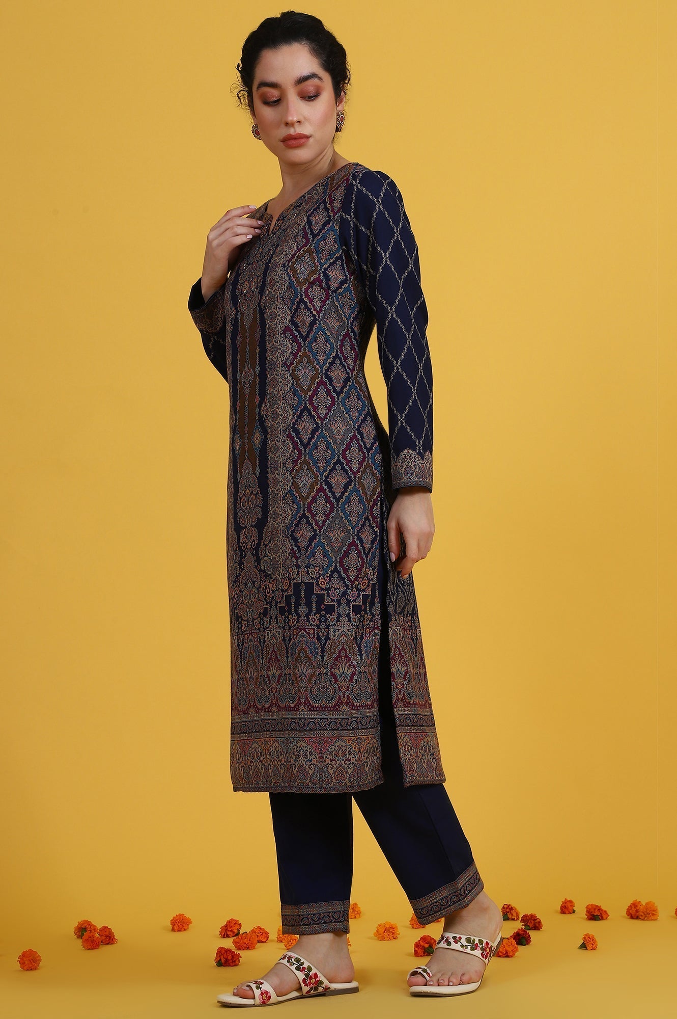 W for Woman Blue Yarn Dyed Sequins Straight Kurta & Straight pant with Dupatta Set