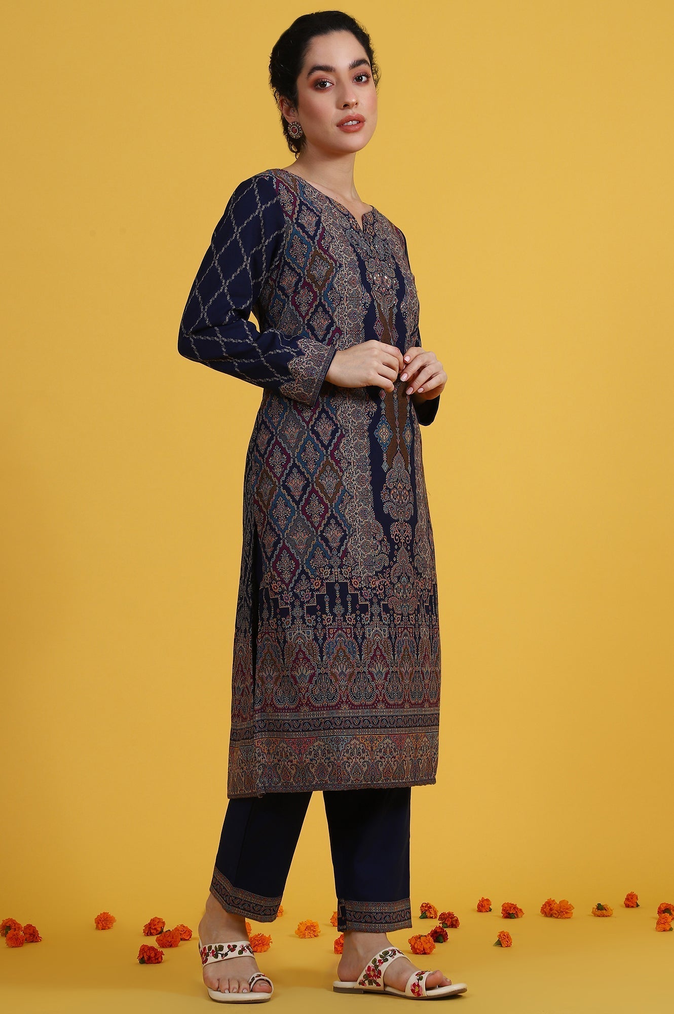 W for Woman Blue Yarn Dyed Sequins Straight Kurta & Straight pant with Dupatta Set