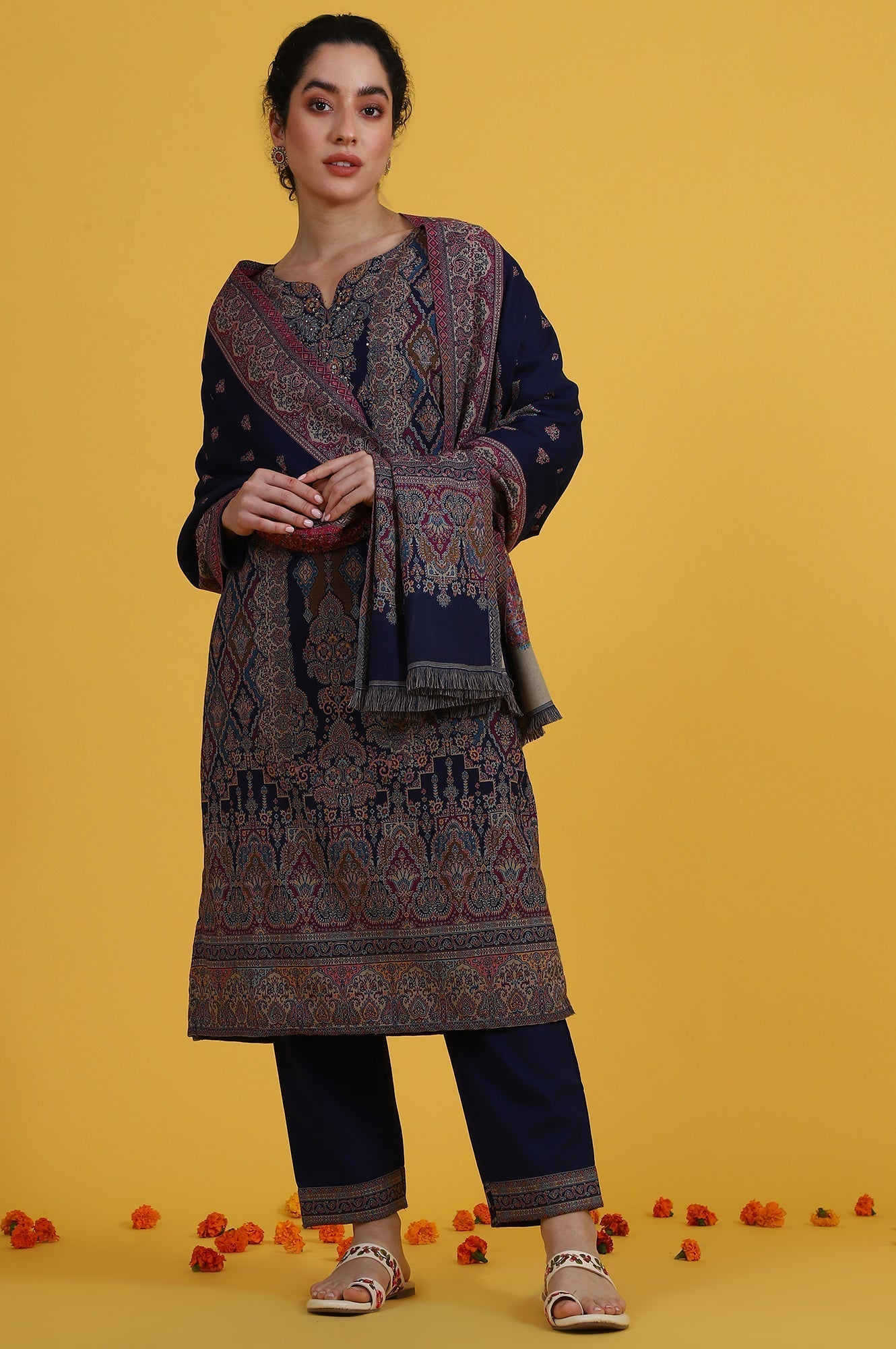 W for Woman Blue Yarn Dyed Sequins Straight Kurta & Straight pant with Dupatta Set