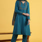 W for Woman Blue Solid Zari Straight Kurta & Straight pant with Shawl Set