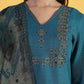 W for Woman Blue Solid Zari Straight Kurta & Straight pant with Shawl Set