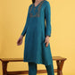 W for Woman Blue Solid Zari Straight Kurta & Straight pant with Shawl Set