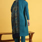 W for Woman Blue Solid Zari Straight Kurta & Straight pant with Shawl Set