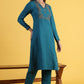 W for Woman Blue Solid Zari Straight Kurta & Straight pant with Shawl Set