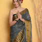 Very Much Indian Handloom Pure Cotton Linen Saree With Golden Border - Grey Gold | Swadesiicart