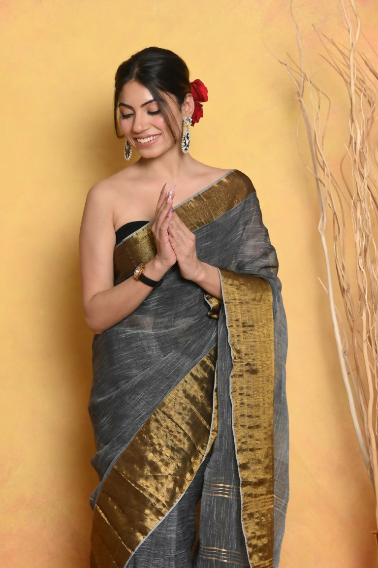 Very Much Indian Handloom Pure Cotton Linen Saree With Golden Border - Grey Gold | Swadesiicart