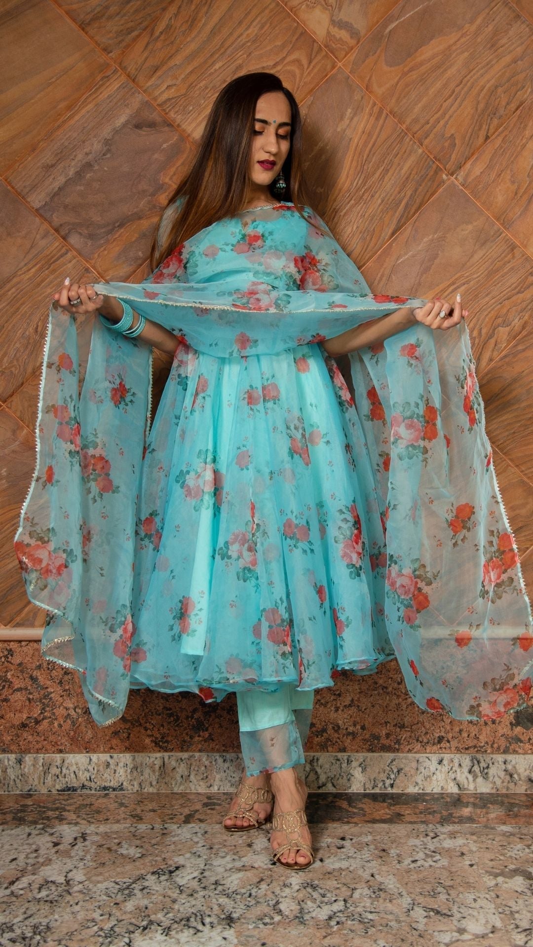 Pomcha Jaipur Blue And Red Floral Organza Anarkali Set | Swadesiicart