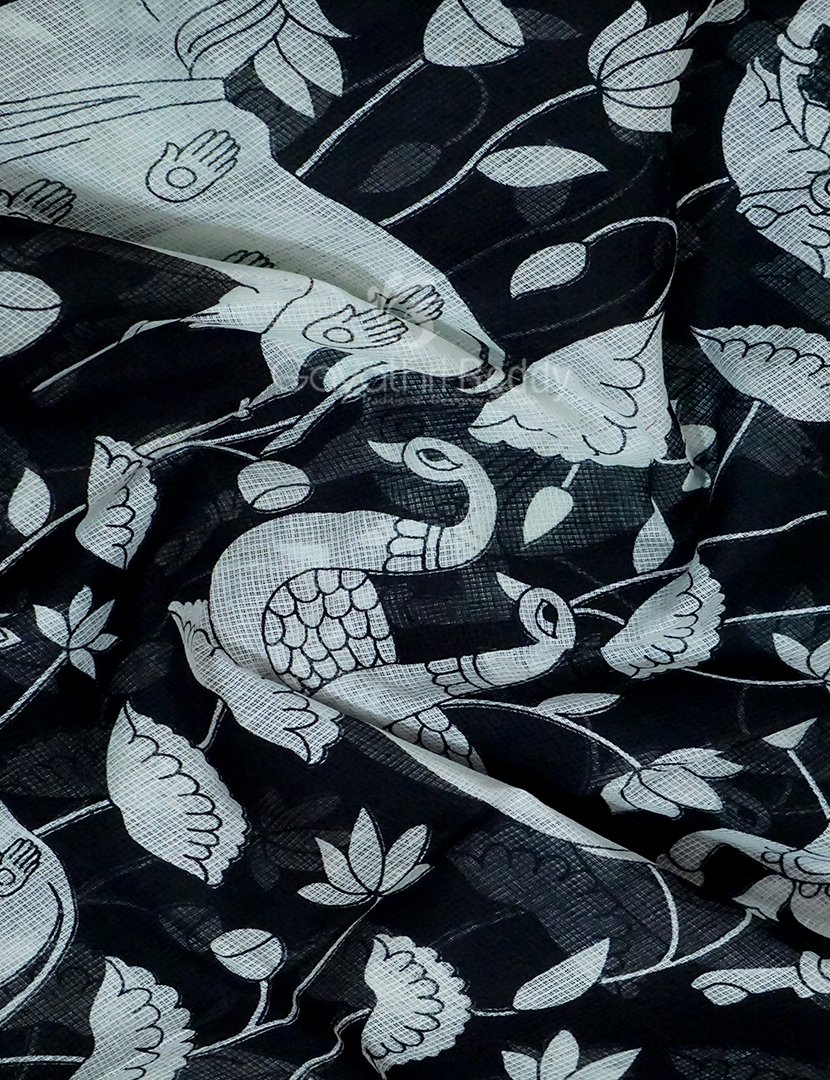 Shades of Black And Mint Green With Pichwai Print Munga Cotton Saree By Gayathri Reddy Designer Studio | Swadesiicart