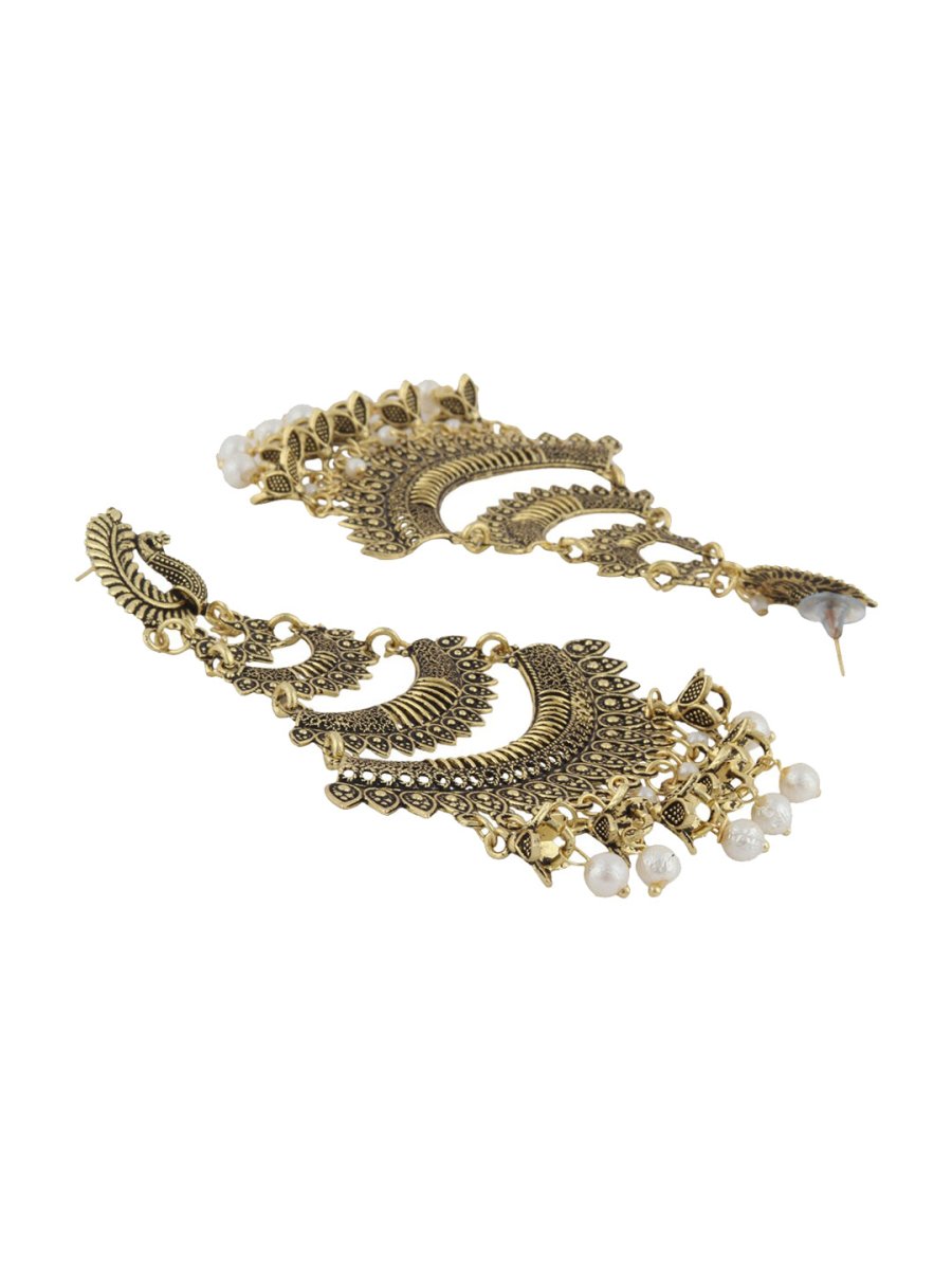 Anikas Creation Gold-Toned & White Peacock Shaped Chandbalis Earrings | Swadesiicart