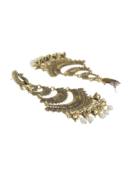Anikas Creation Gold-Toned & White Peacock Shaped Chandbalis Earrings | Swadesiicart
