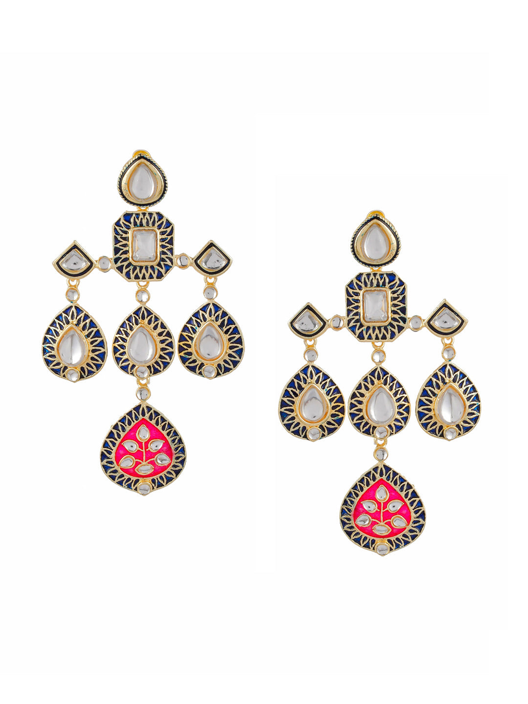 Shoshaa Gold-Polished Balck & Pink Kundan Enamel Drop Earrings | Swadesiicart