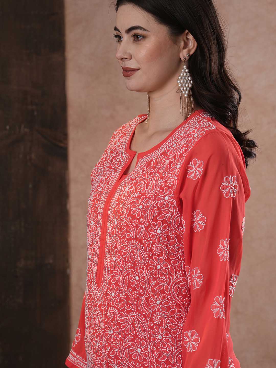 ADA Women Red & White Chikankari Hand Embroidered Semi-Sheer Straight Sustainable Handloom Kurta | Swadesiicart