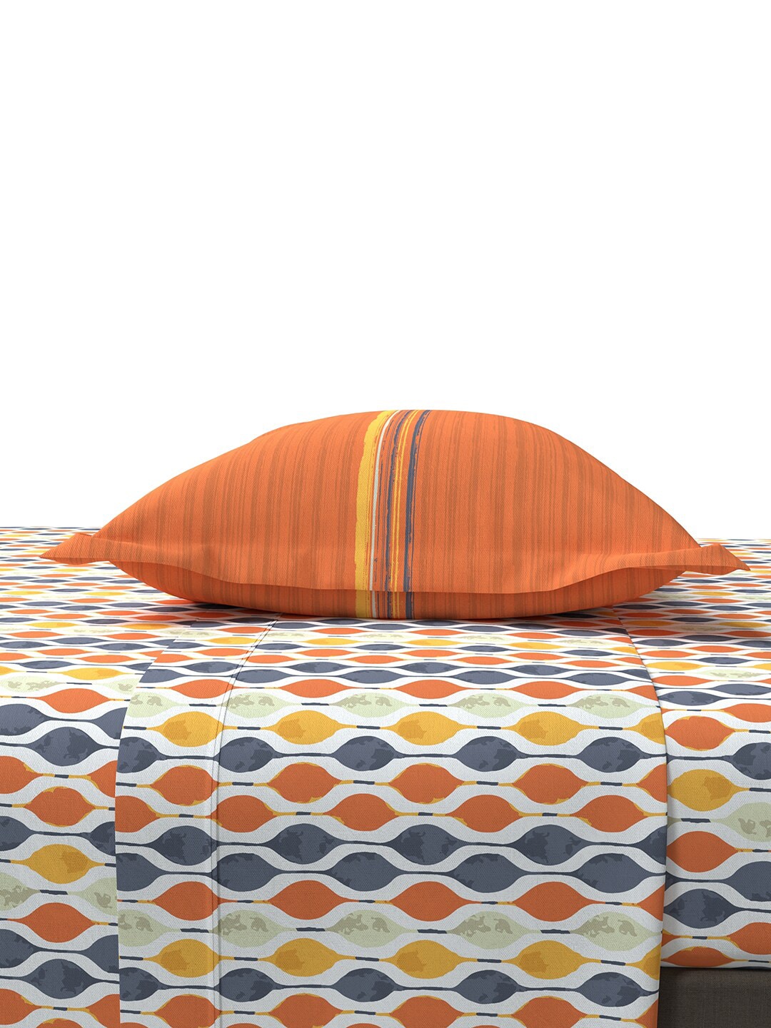 MYTRIDENT Orange White Geometric Cotton 144 TC Queen Bedsheet With 2 Pillow Covers - Swadesiicart