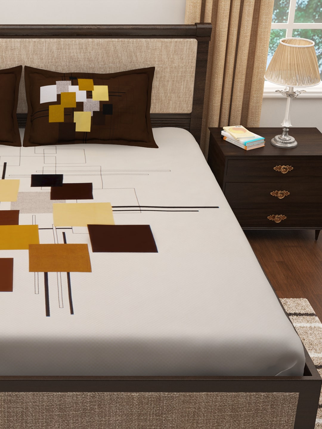 Story@home Cream-Coloured & Brown Abstract 300 TC Cotton 1 King Bedsheet with 2 Pillow Covers - Swadesiicart