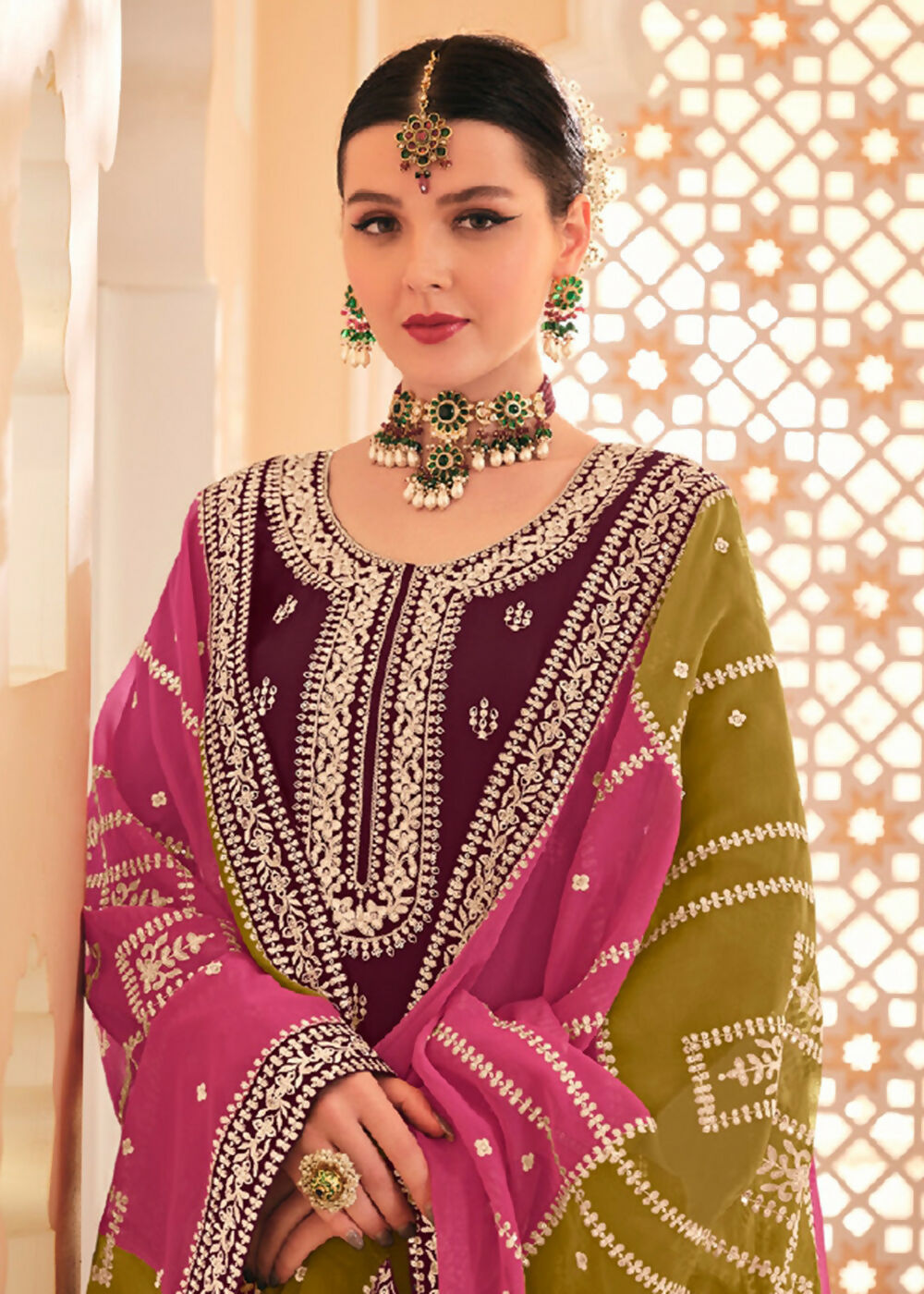 Dazzling Wine Embroidered Chinnon Palazzo Salwar Kurta - Emponline | Swadesiicart