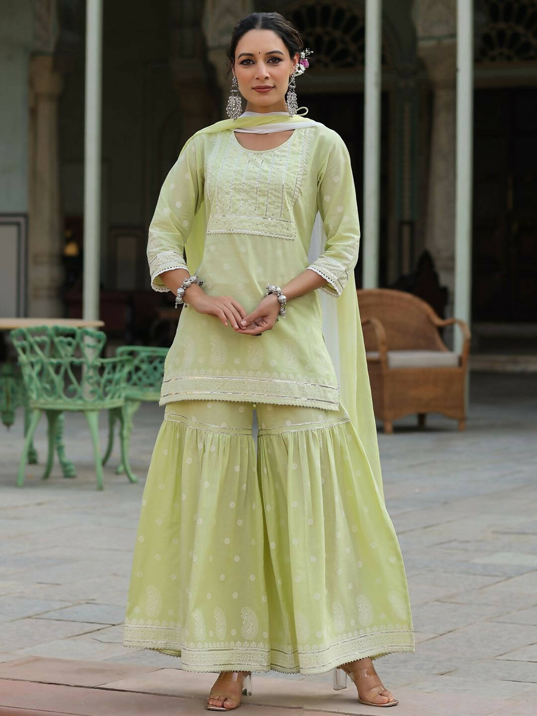 Juniper Women's Lime Green Cambric Floral Print Kurta Sharara Sets | Swadesiicart