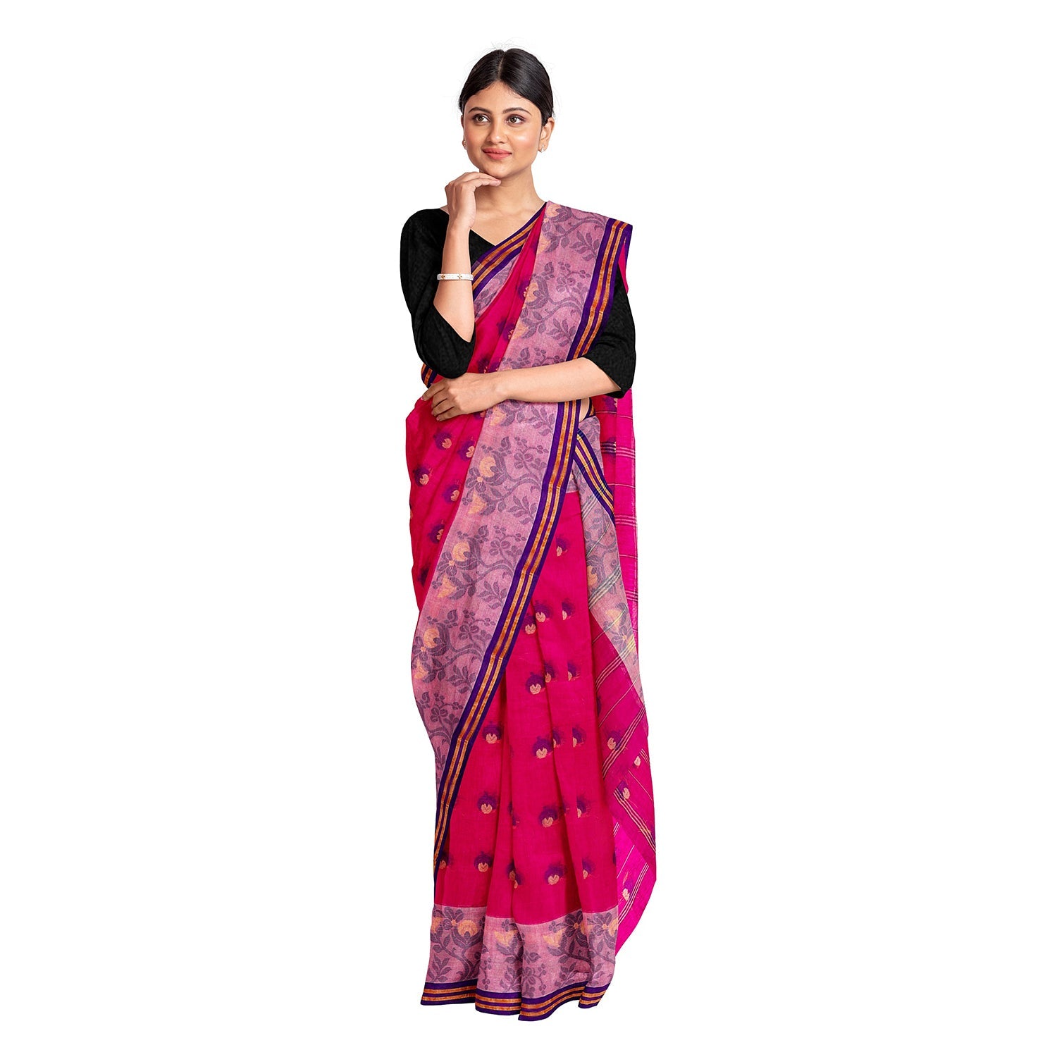 Exclusive Collection 100% Pure Cotton Pink Tant Saree With Hand Weaving Work - Swadesiicart