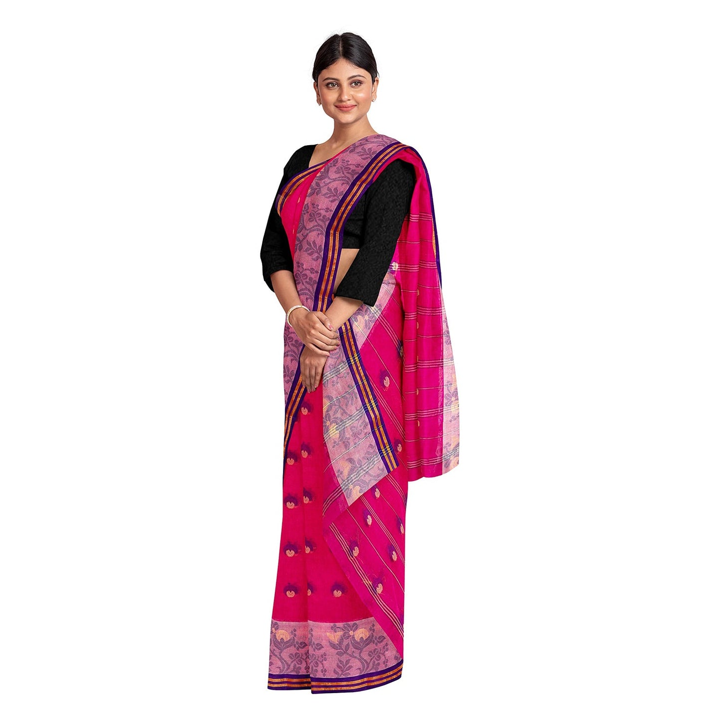 Exclusive Collection 100% Pure Cotton Pink Tant Saree With Hand Weaving Work - Swadesiicart
