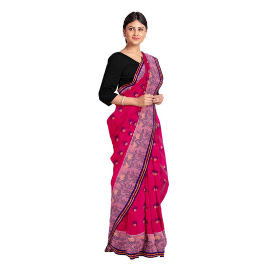 Exclusive Collection 100% Pure Cotton Pink Tant Saree With Hand Weaving Work - Swadesiicart