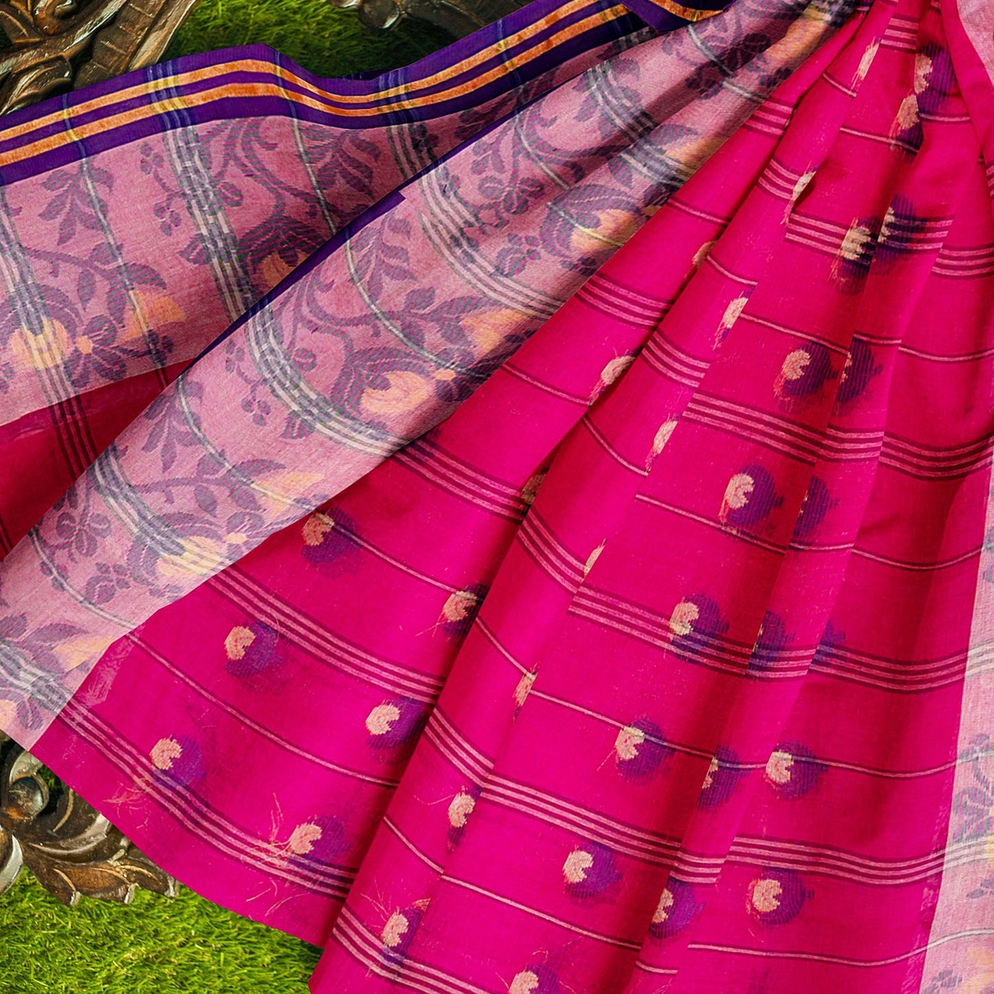Exclusive Collection 100% Pure Cotton Pink Tant Saree With Hand Weaving Work - Swadesiicart