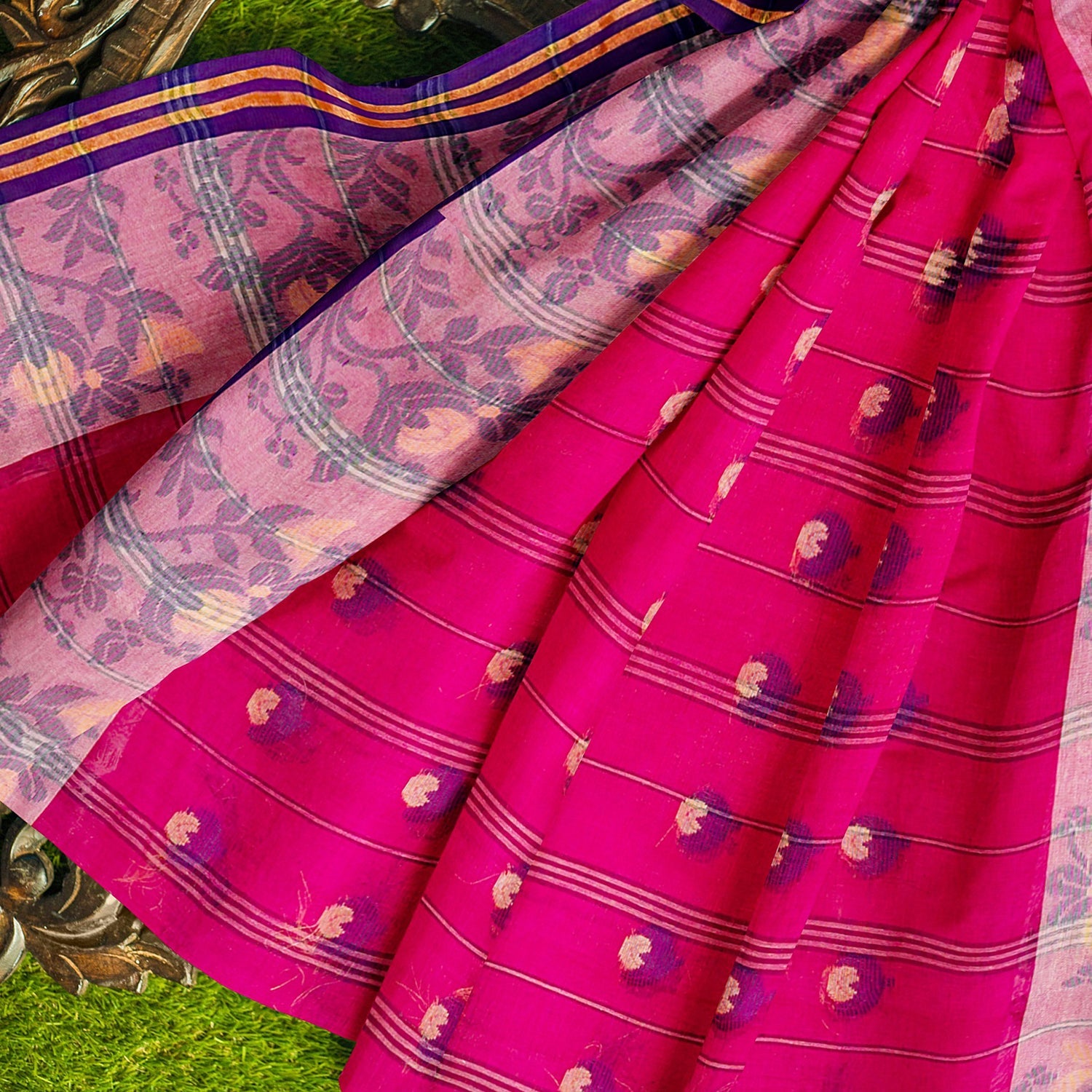 Exclusive Collection 100% Pure Cotton Pink Tant Saree With Hand Weaving Work - Swadesiicart