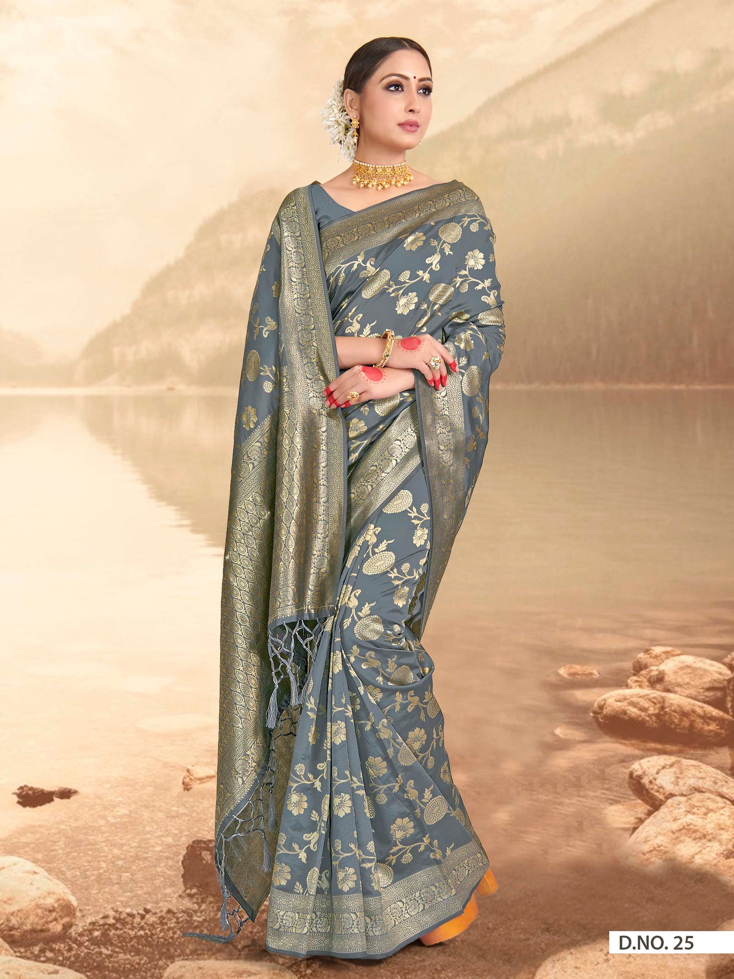 Vardha Steel Grey Woven Banarasi Saree | Swadesiicart