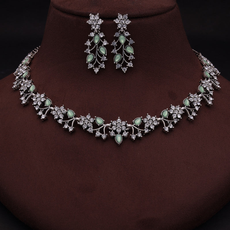 Tehzeeb Creations Silver Pleated White Diamond With Sea Green Beads Necklace Set - Swadesiicart