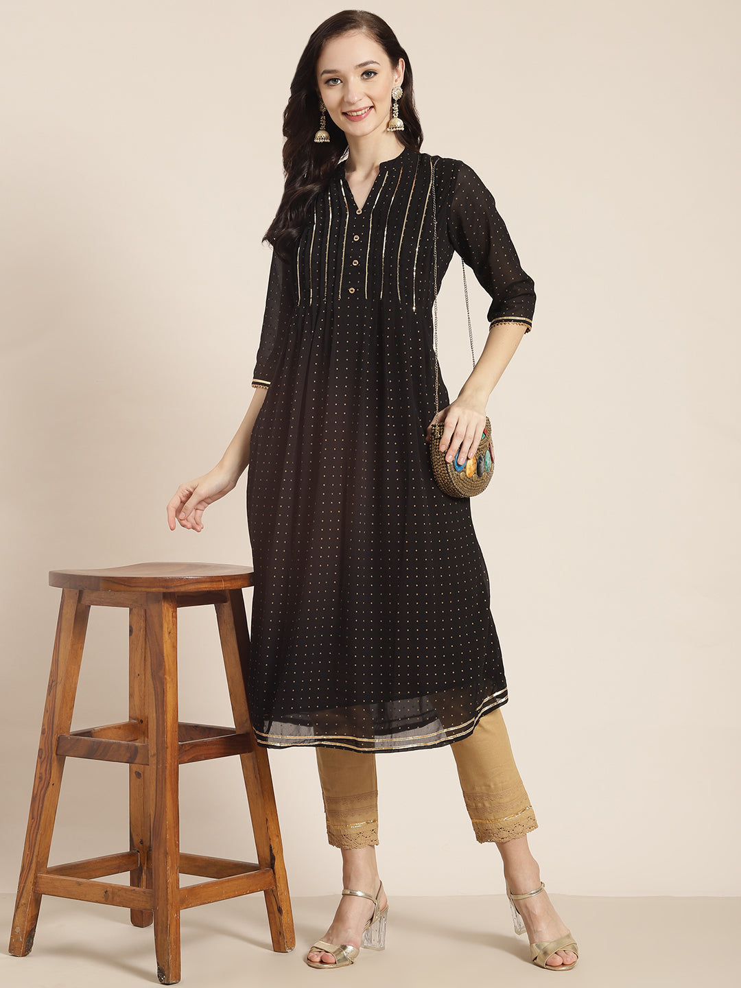 Juniper Womens Black Georgette Printed Pintucks A-Line Kurta | Swadesiicart