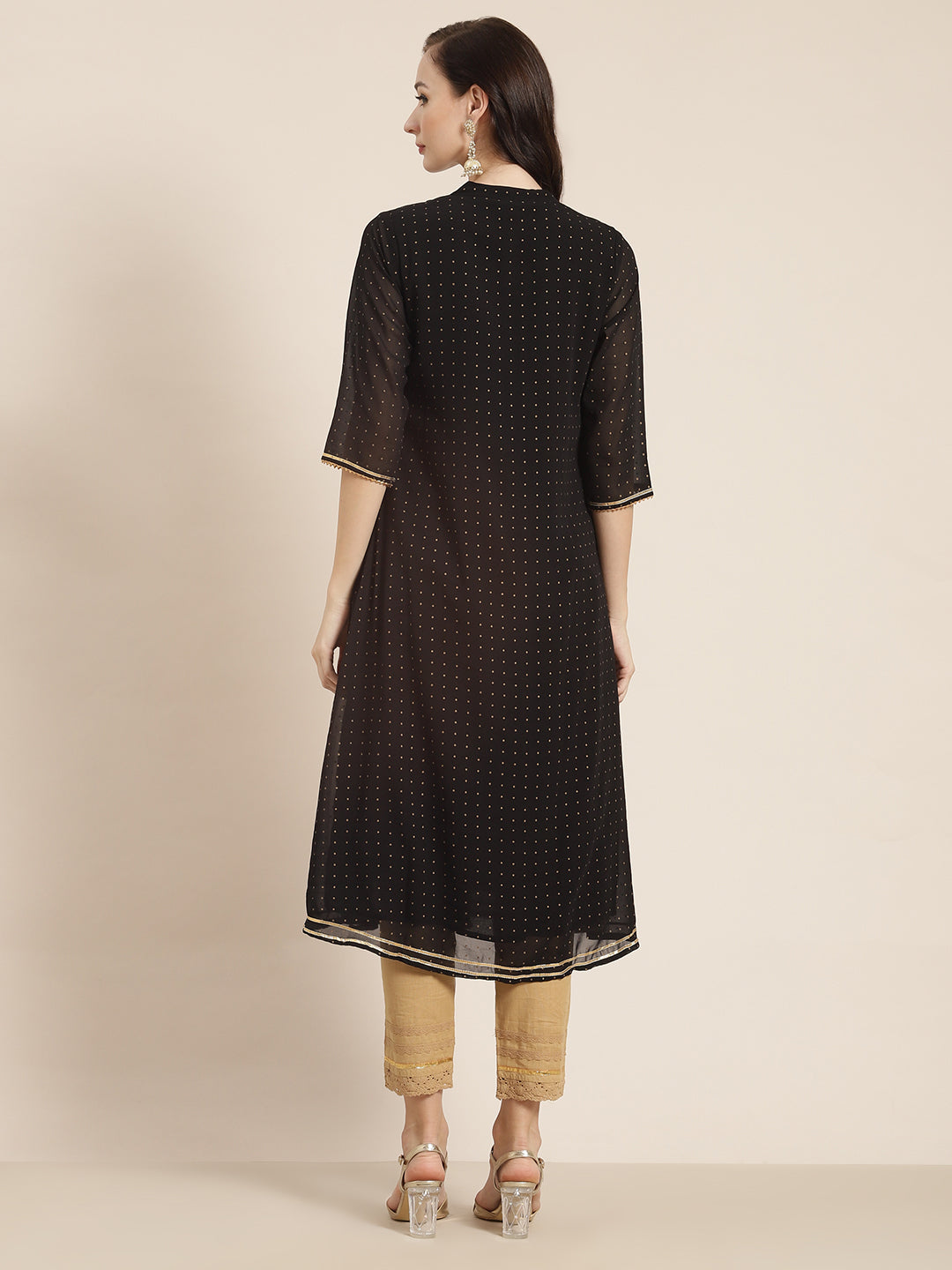 Juniper Womens Black Georgette Printed Pintucks A-Line Kurta | Swadesiicart