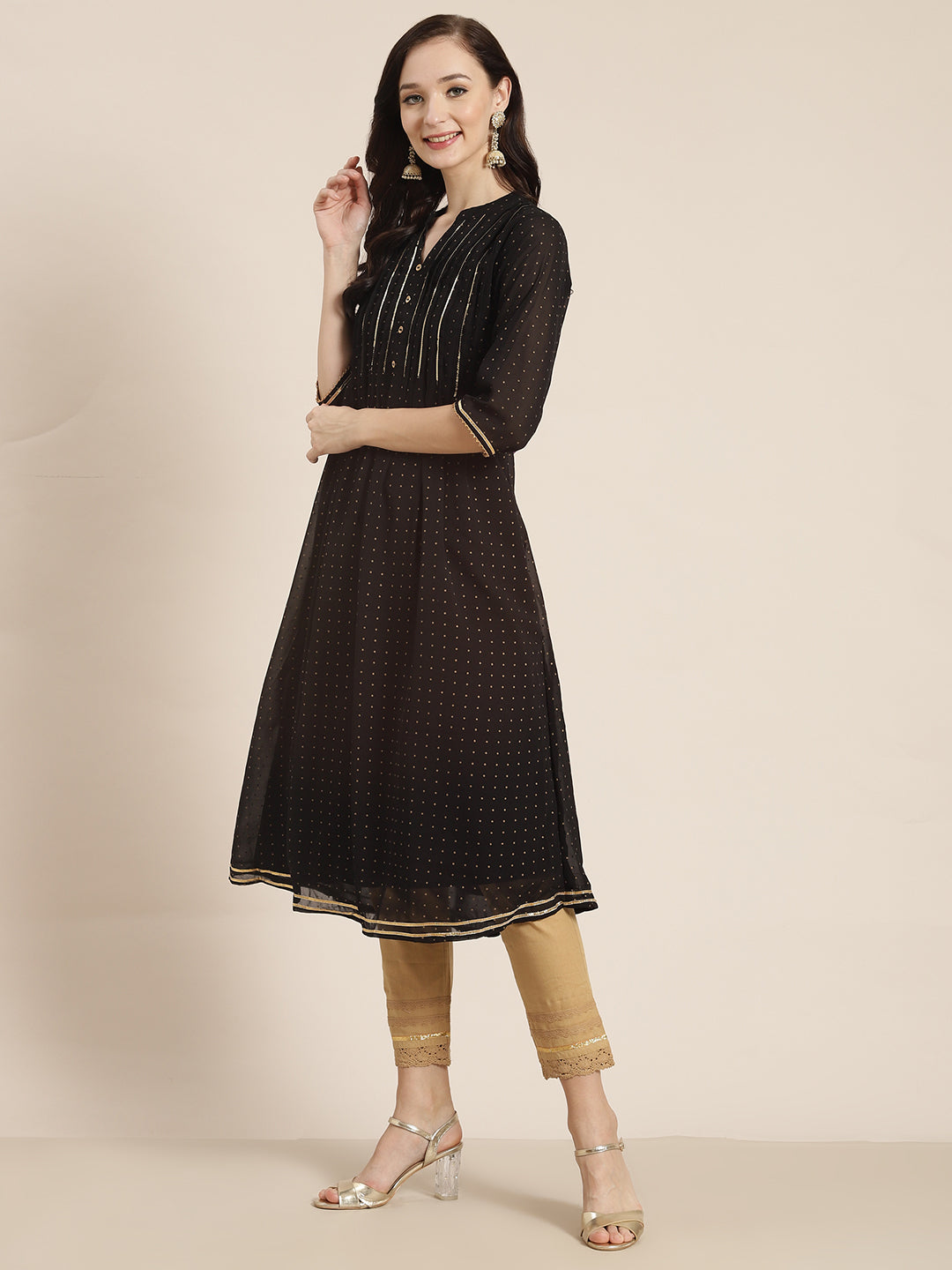 Juniper Womens Black Georgette Printed Pintucks A-Line Kurta | Swadesiicart
