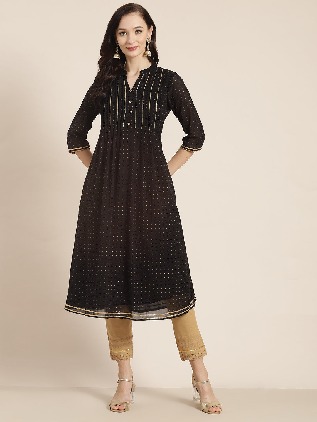 Juniper Womens Black Georgette Printed Pintucks A-Line Kurta | Swadesiicart