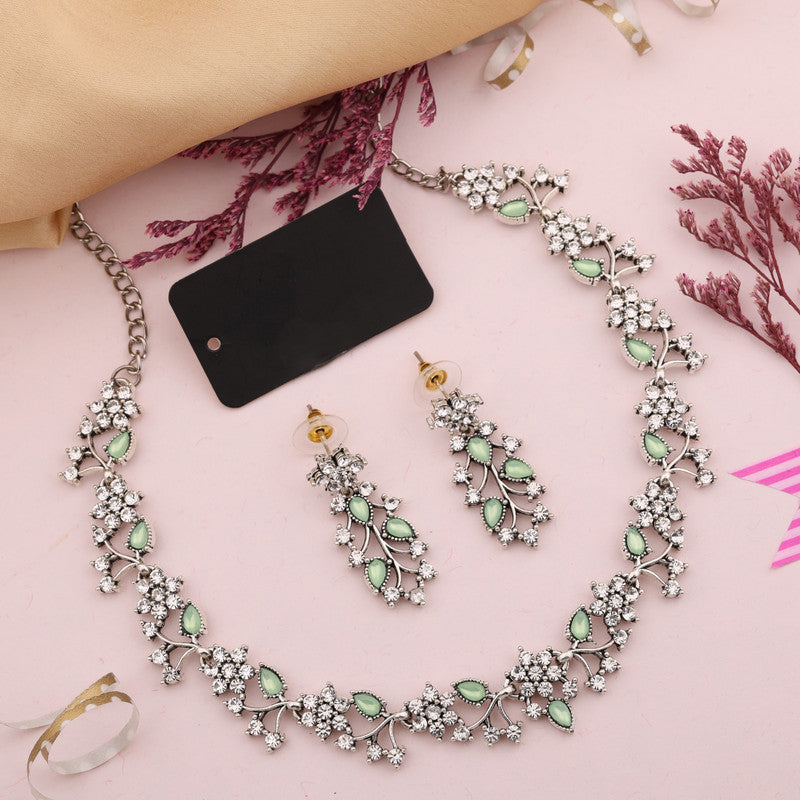 Tehzeeb Creations Silver Pleated White Diamond With Sea Green Beads Necklace Set - Swadesiicart