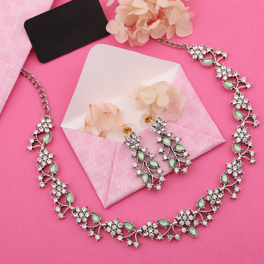 Tehzeeb Creations Silver Pleated White Diamond With Sea Green Beads Necklace Set - Swadesiicart
