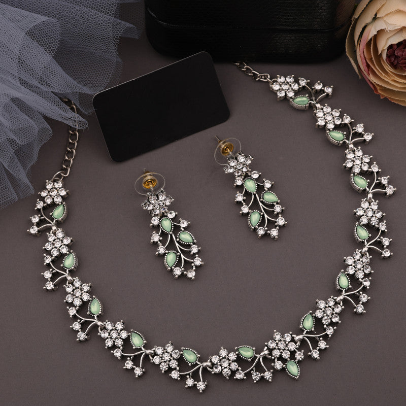 Tehzeeb Creations Silver Pleated White Diamond With Sea Green Beads Necklace Set - Swadesiicart