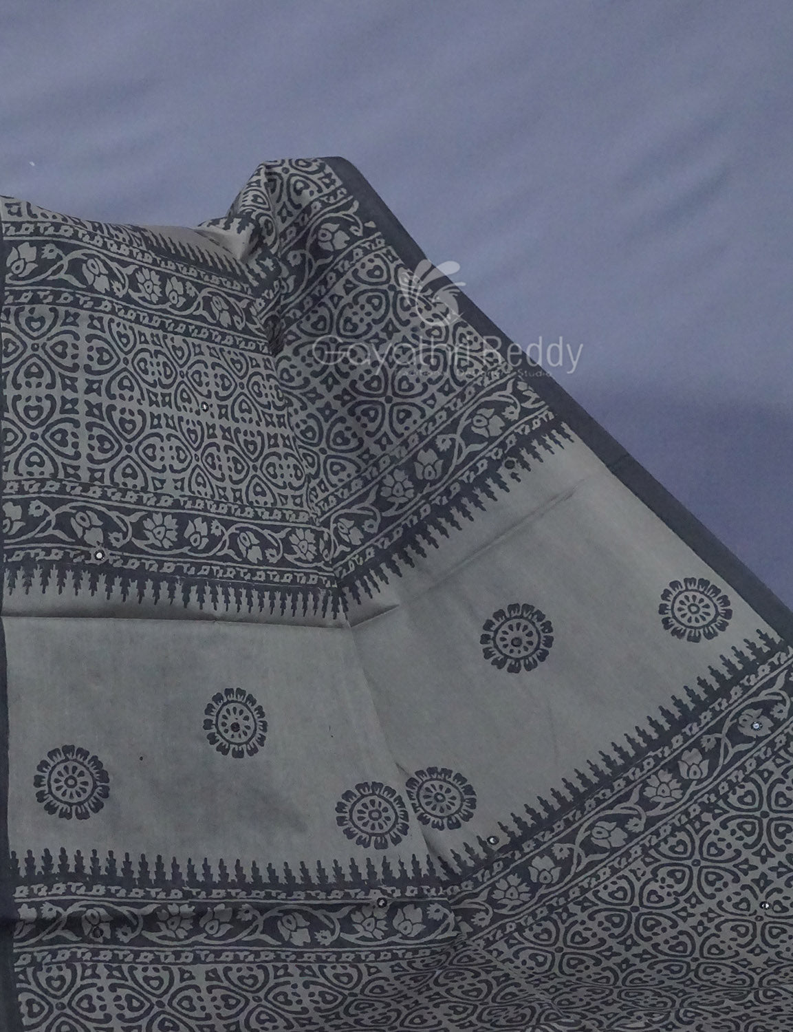 Grey Colour Block Print With Mirron Embroidered Pure Mulmul Cotton Saree By Gayathri Reddy Designer Studio | Swadesiicart