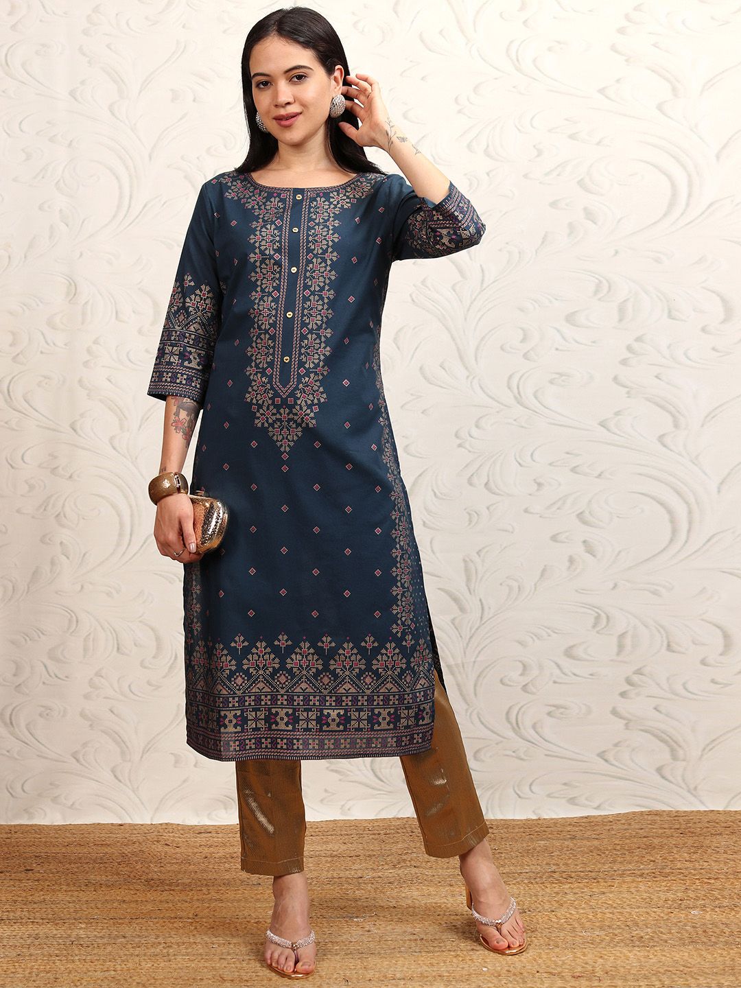 Vishudh Women Navy Blue Printed A-Line Kurta - Swadesiicart