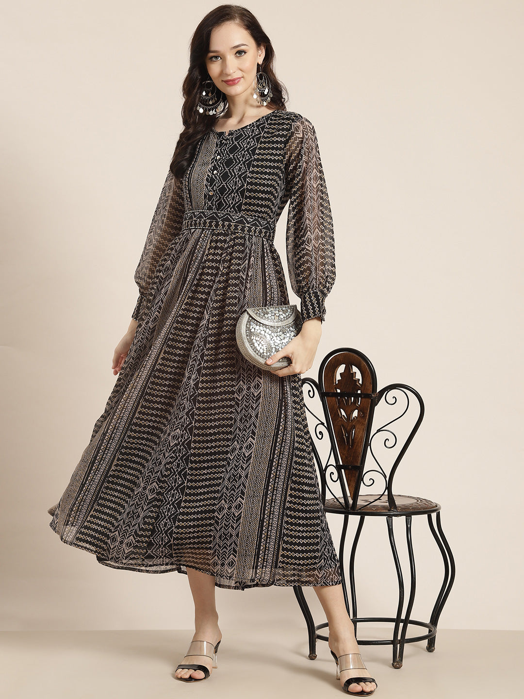 Juniper Womens Black Chiffon Printed Maxi Dress | Swadesiicart