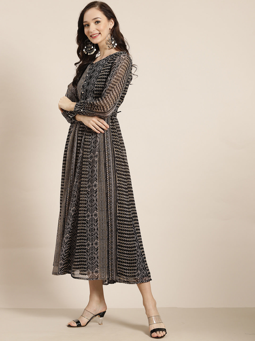 Juniper Womens Black Chiffon Printed Maxi Dress | Swadesiicart
