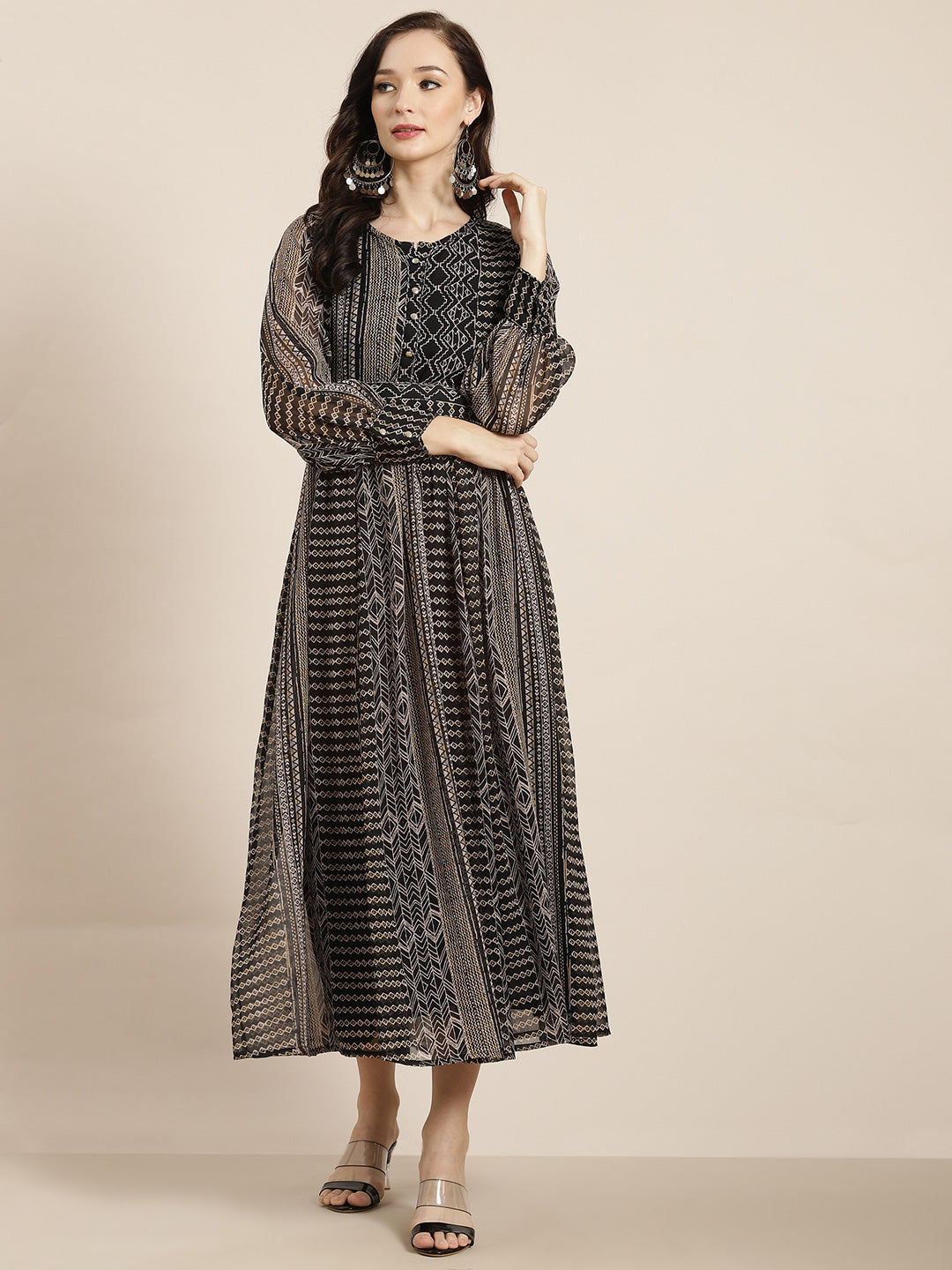 Juniper Womens Black Chiffon Printed Maxi Dress | Swadesiicart