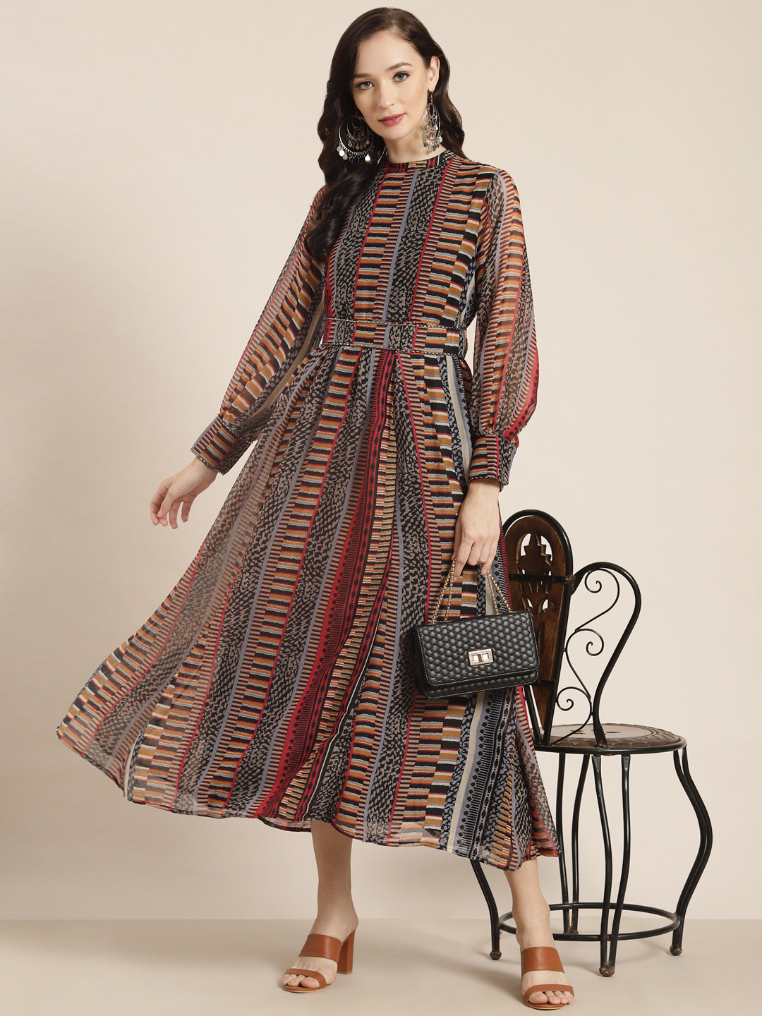 Juniper Womens Black Chiffon Printed Dress With Beautiful Belt | Swadesiicart