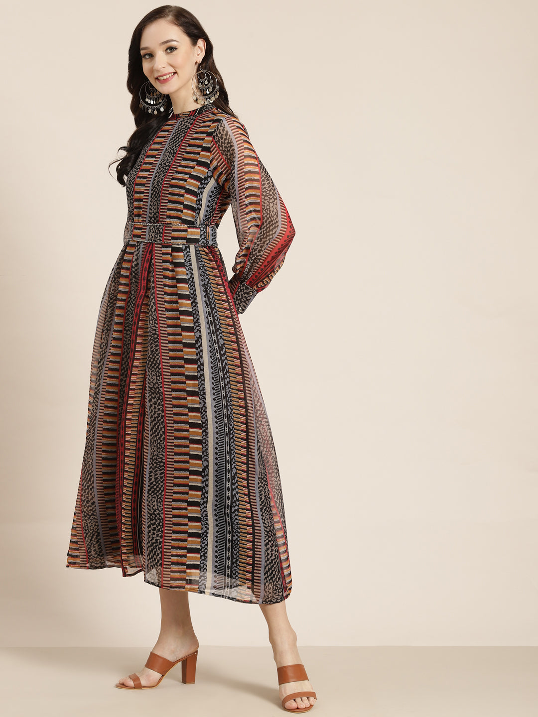 Juniper Womens Black Chiffon Printed Dress With Beautiful Belt | Swadesiicart