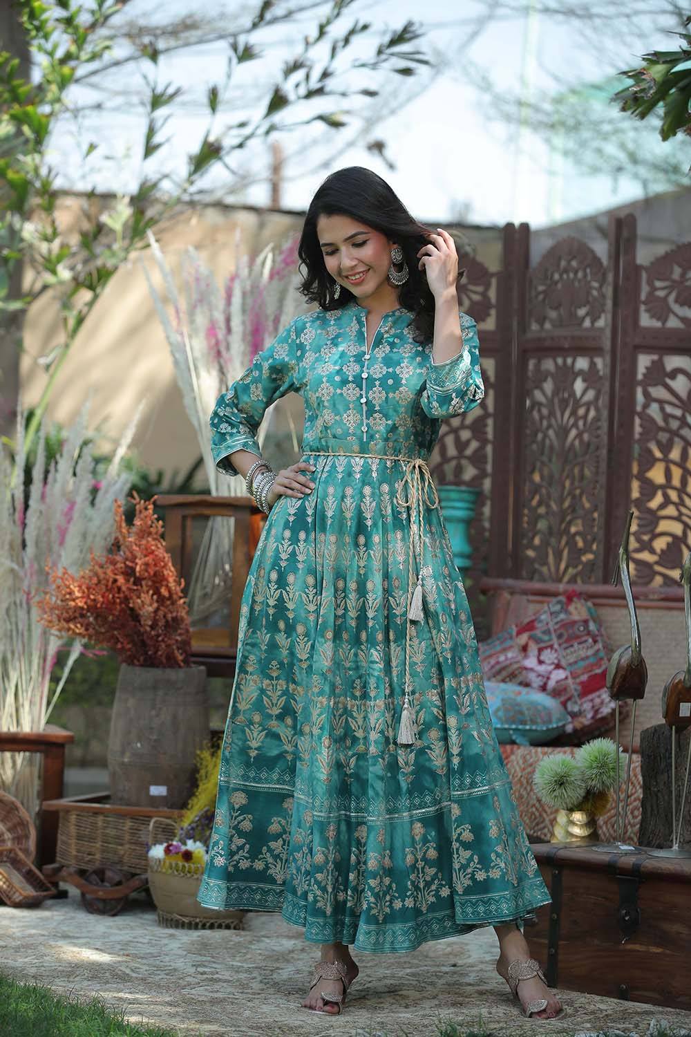 Juniper Women's Teal Rayon Printed Flared Dress | Swadesiicart