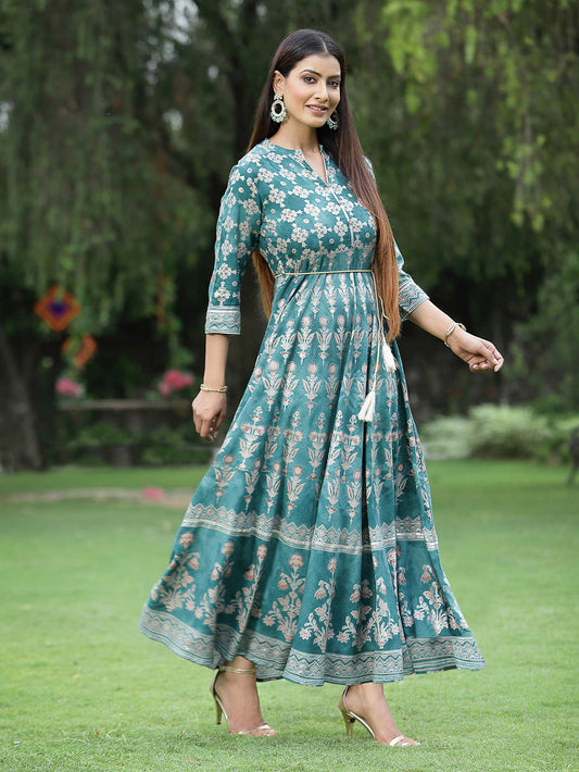Juniper Women's Teal Rayon Printed Flared Dress | Swadesiicart