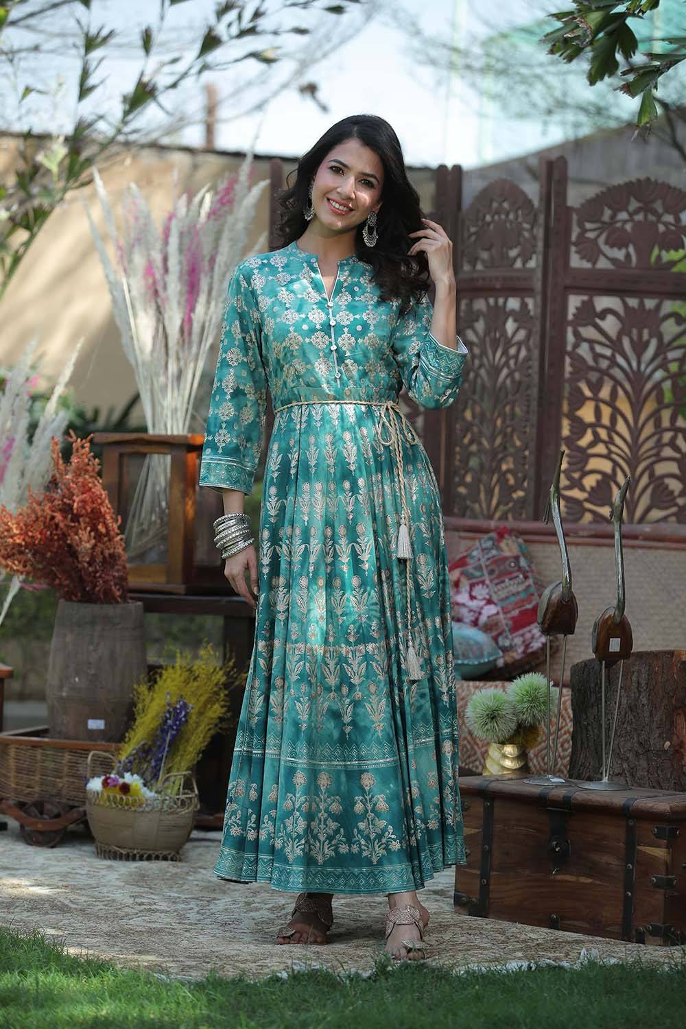 Juniper Women's Teal Rayon Printed Flared Dress | Swadesiicart
