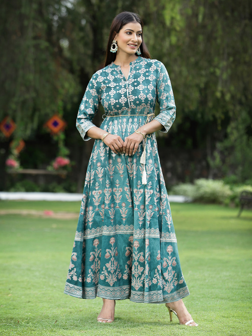 Juniper Women's Teal Rayon Printed Flared Dress | Swadesiicart