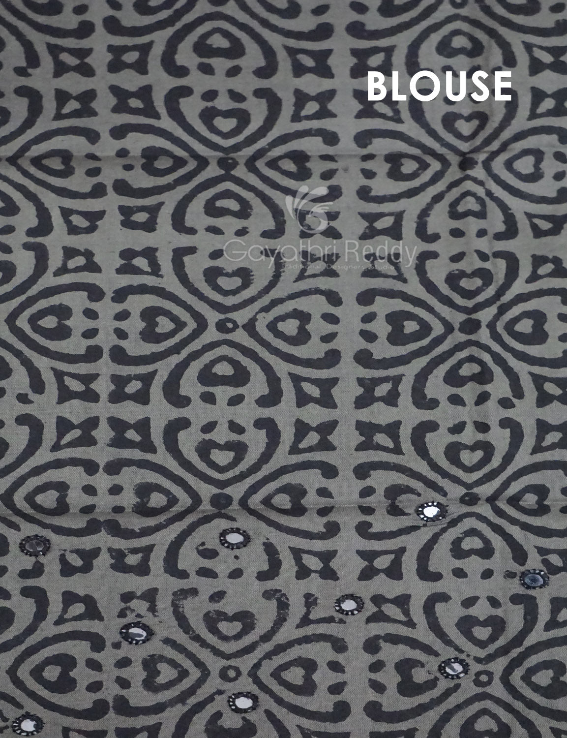 Grey Colour Block Print With Mirron Embroidered Pure Mulmul Cotton Saree By Gayathri Reddy Designer Studio | Swadesiicart
